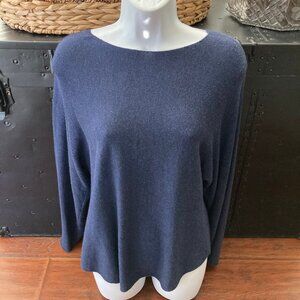 Joan Vass Heather Navy Blue Raglan Sleeve Cashmere Blend Pullover Sweater PM